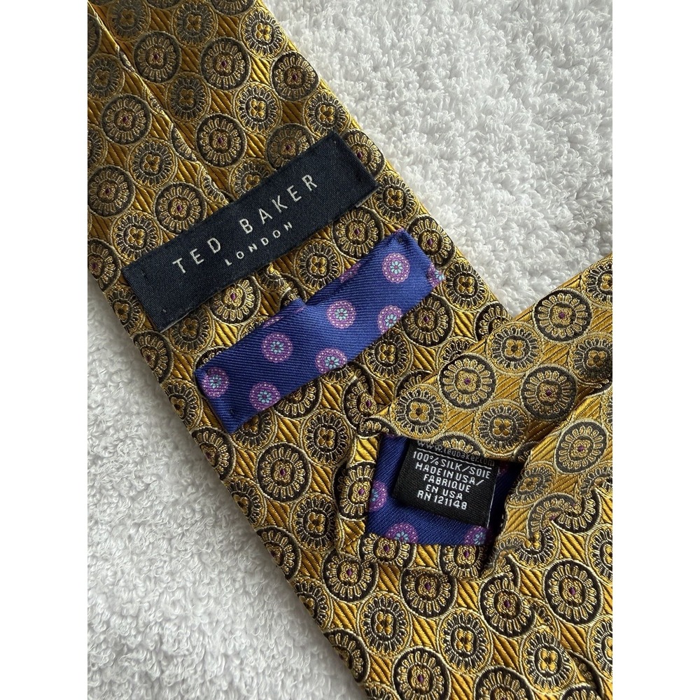 Ted Baker London Yellow Gold Geometric Medalllion Woven Jacquard 100% Silk Tie